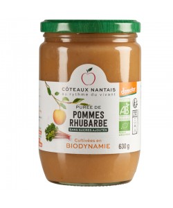 Purée pommes rhubarbe Bio Demeter - 630 g, idéal pour terminer les repas sans sucre et purs fruits pommes rhubarbe